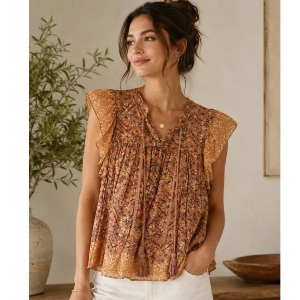 Ulla Johnson 100% Cotton Floral Peach Flutter Blouse Top Size 4 Small